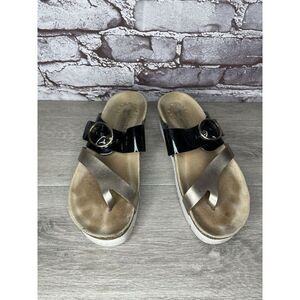 Mephisto Silver Leather Black Patent Toe Strap Cork Wedge Sandals Women Sz 38EU